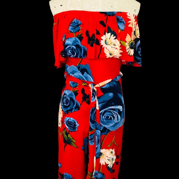 Red Floral Strapless Ruffle Flounce Top Belted Wide Leg Jumpsuit S - Picture 11 of 12